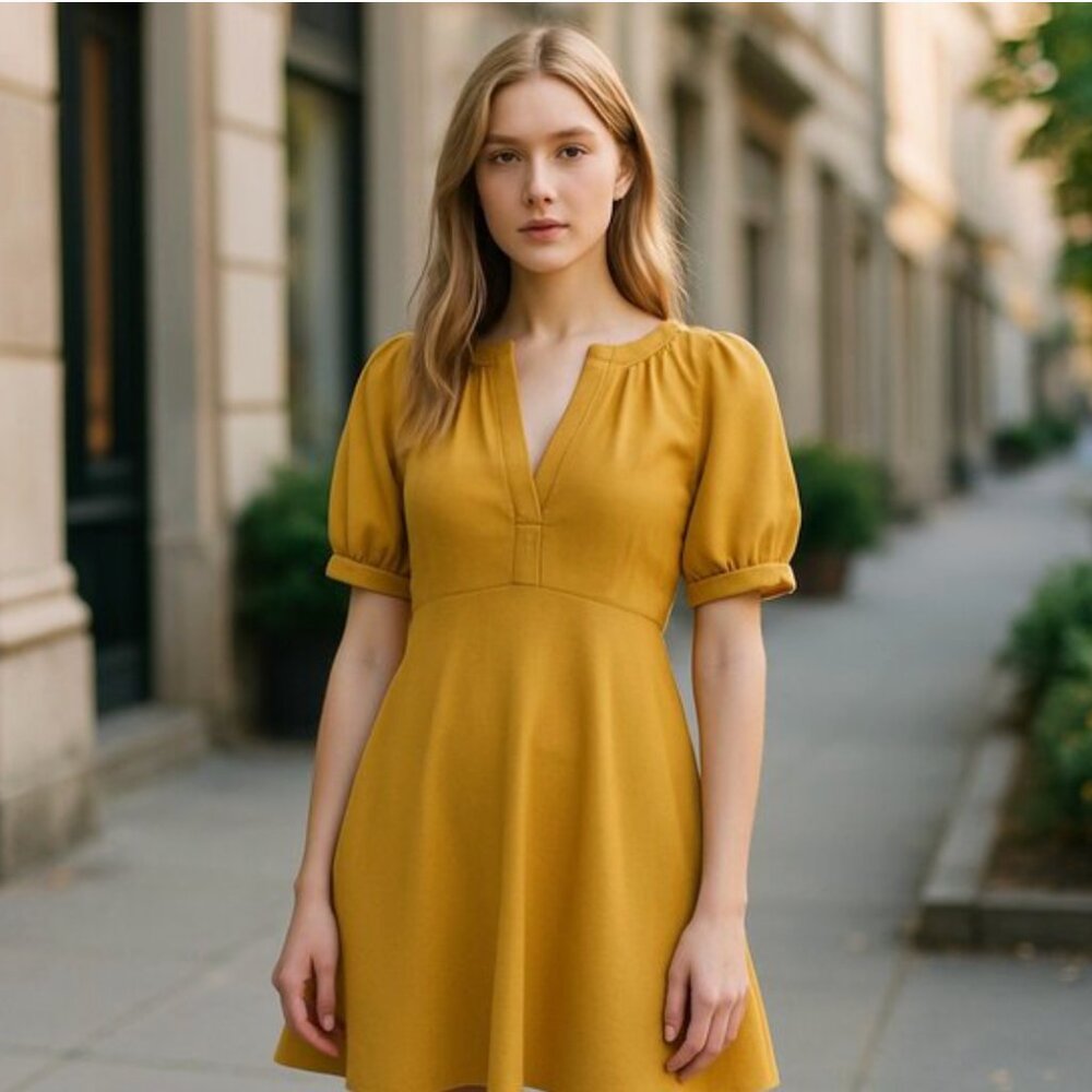 NWT Calvin Klein Ponte Puff Sleeve Fit & Flare Dress In Mustard Yellow